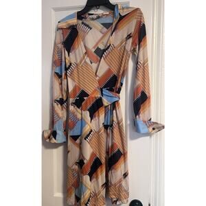 Vintage 70s Huk-A-Poo Wrap Dress Geometric Disco Print XS S Nylon Jersey Mod